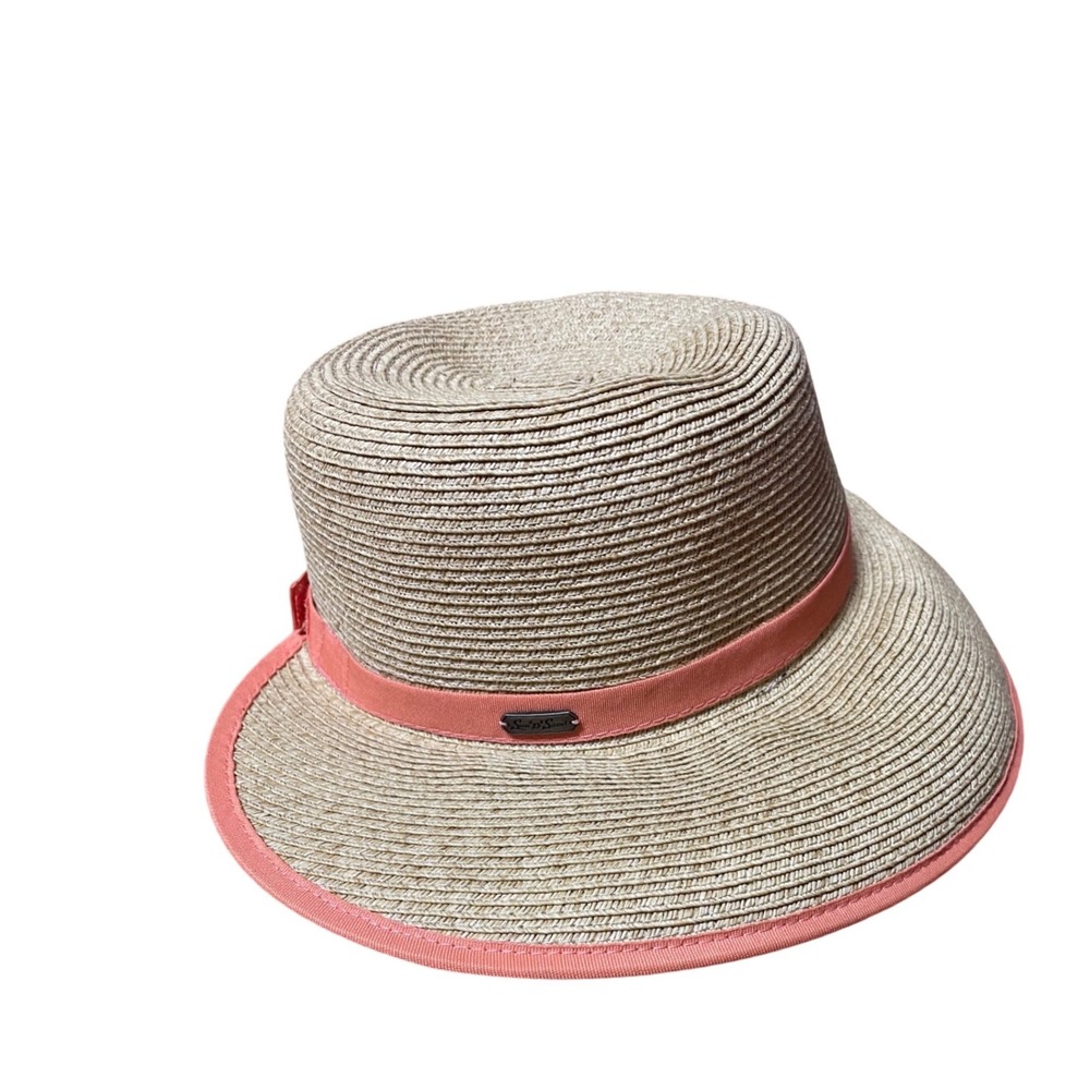 Sun N Sand Womens Straw Sun Hat Tan Coral Pink Trim Adjustable Wide Brim Beach